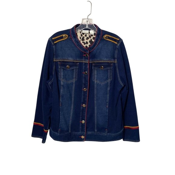 Chico's Zenergy Denim Military Jacket Size 2 = L Stretch Soft Jean Embroidered - Picture 7 of 7